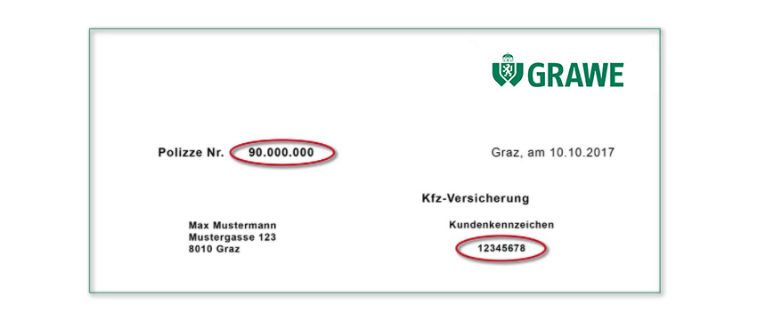 Abbildung einer Musterpolizze, auf der markiert ist, wo man die Polizzennummer (links oben) und das Kundenkennzeichen (rechts oben) auf der Originalpolizze findet